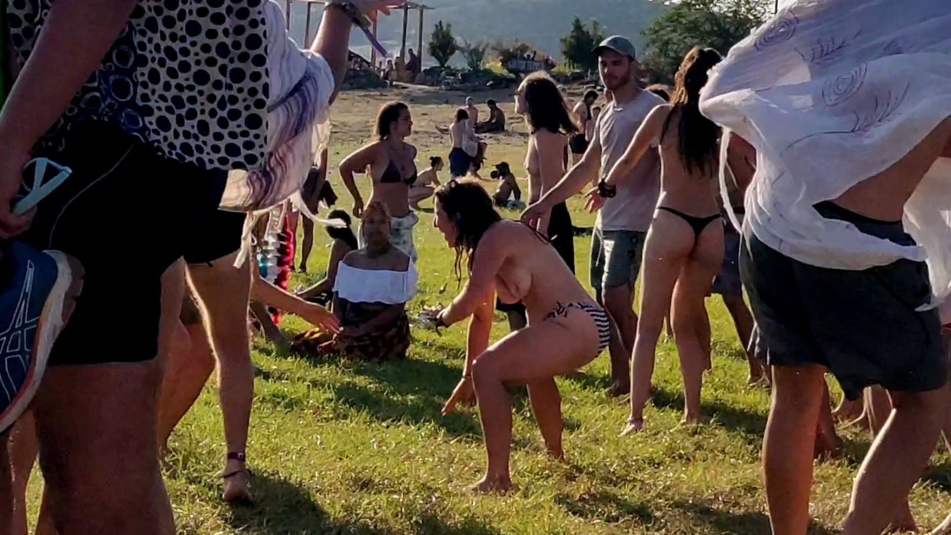 Topless Girls In Drums Circle